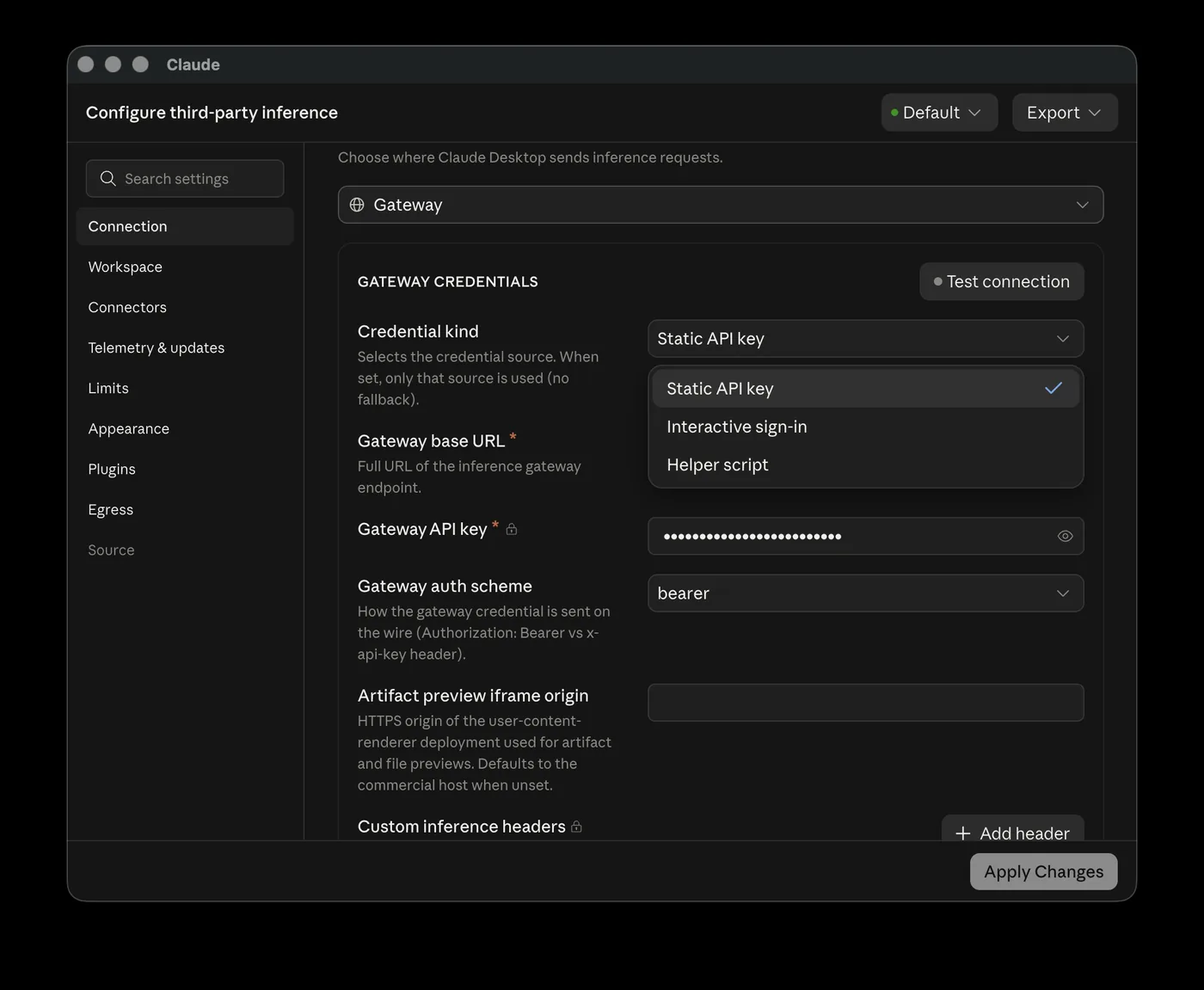 Список Credential kind с выбранным значением Static API key